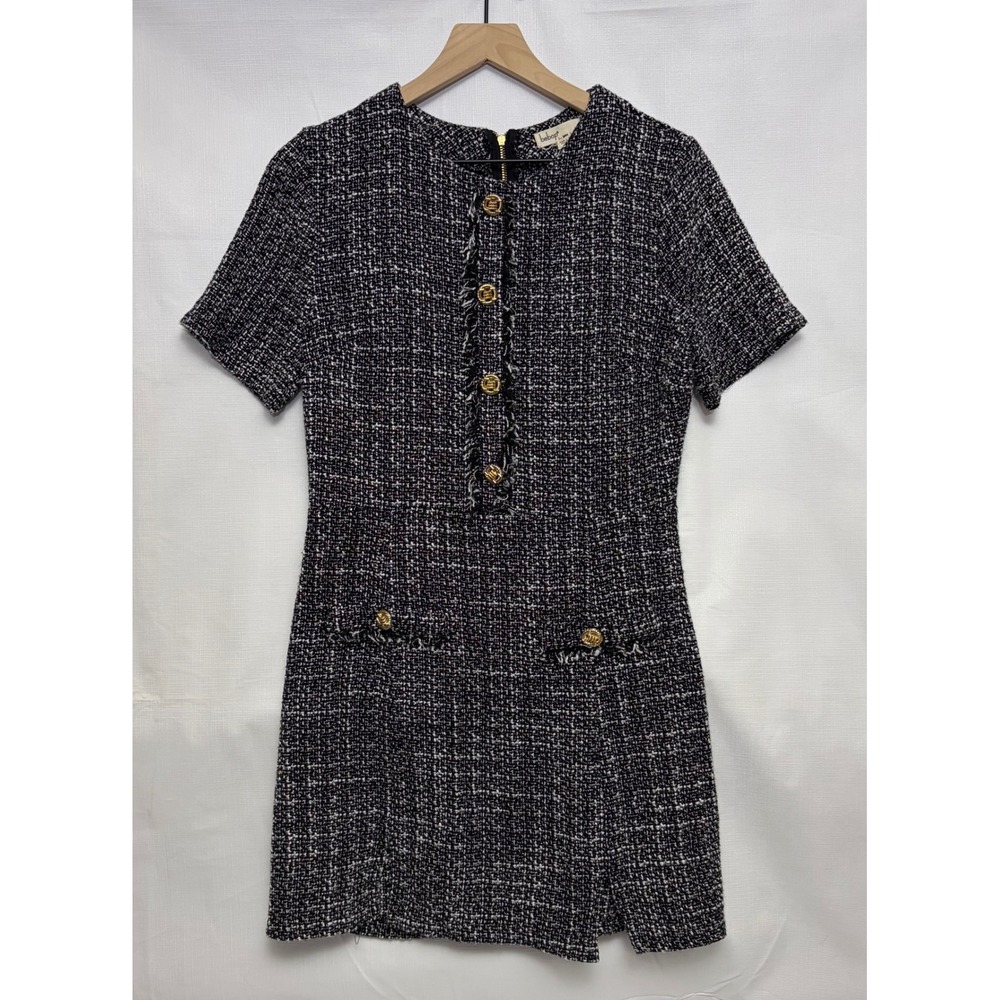 Bebop Tweed Mini Dress Womens Large Black White Excellent Short Sleeve Gold Zip